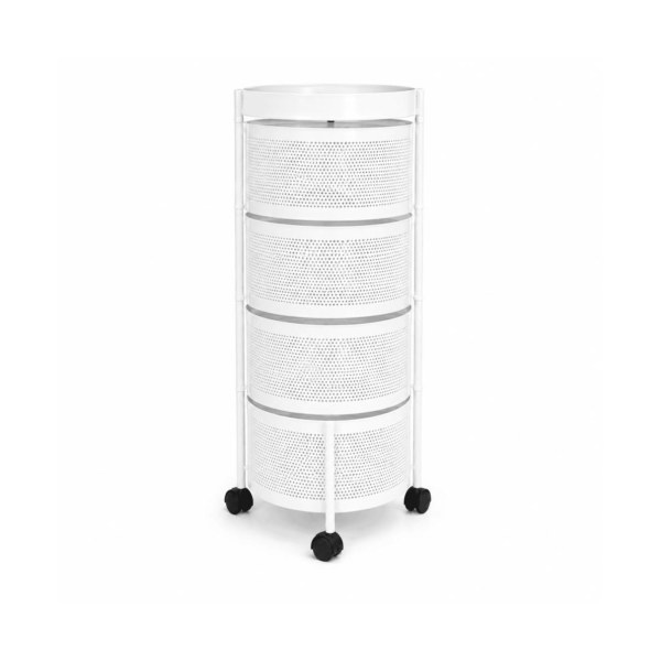 4-Tier Storage Organizer with Rotating Baskets & Easy Roll Castors - Round - White