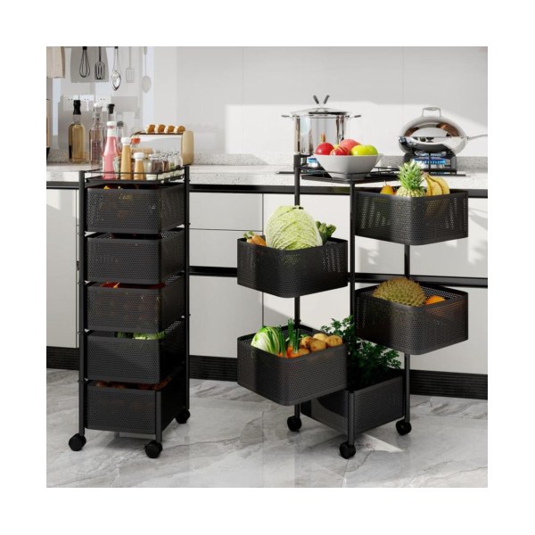 4-Tier Storage Organizer with Rotating Baskets & Easy Roll Castors - Square - Black