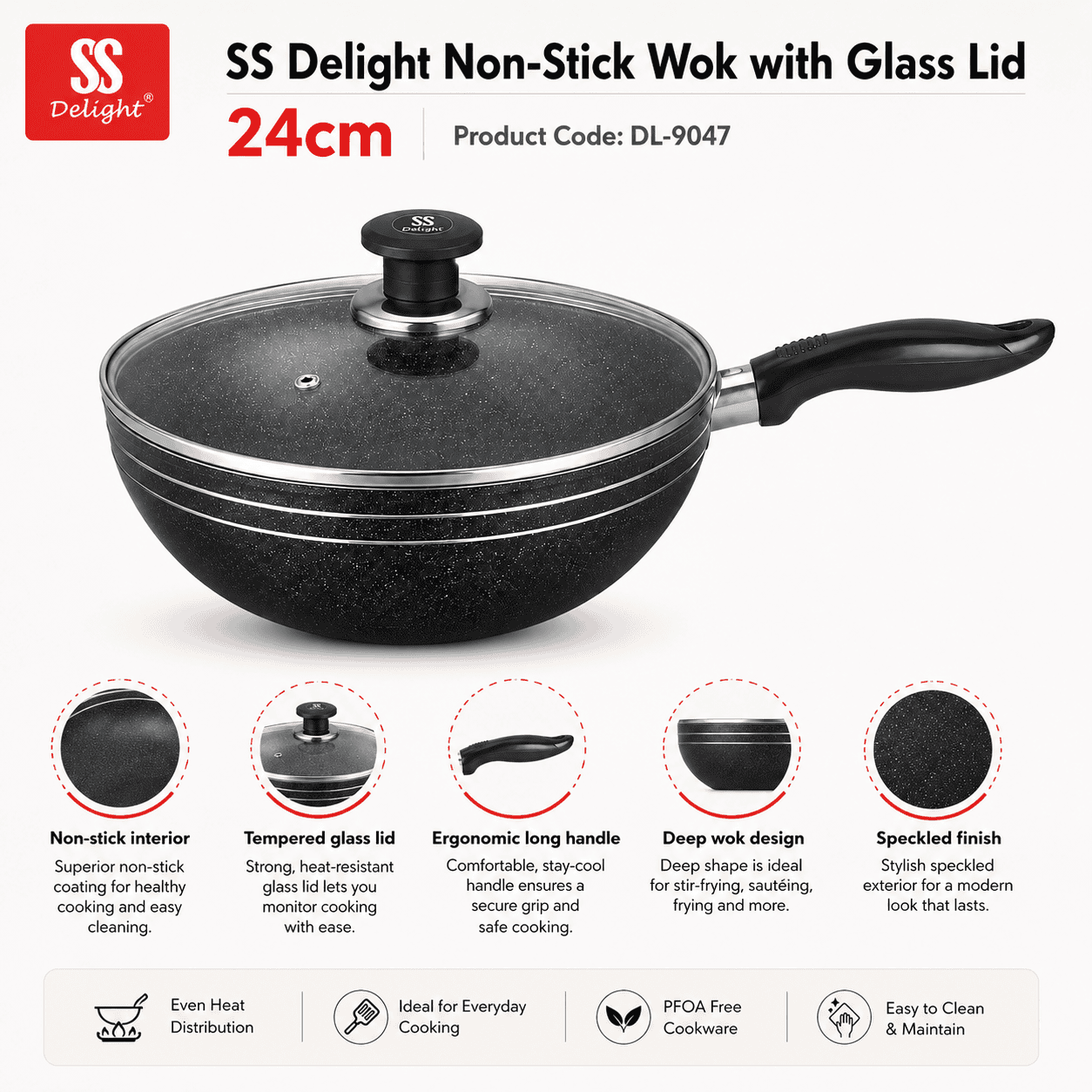 Long Handle  Non-Stick Wok with Lid 24cm thumbnail 2