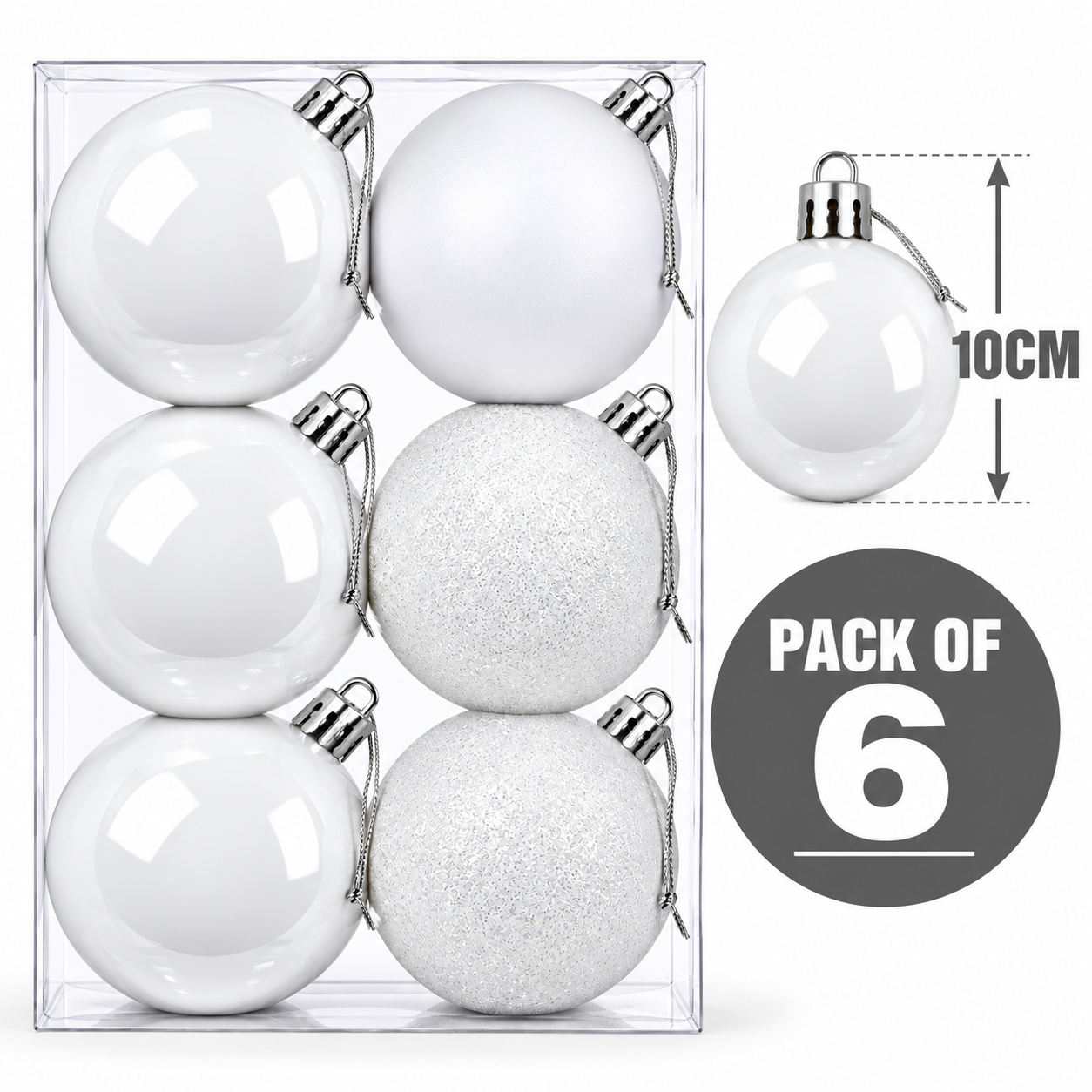 10CM CHRISTMAS DECORATION BABUBLE'S - PACK OF 6 (WHITE) thumbnail 2