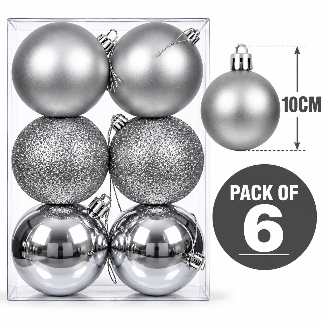 10CM CHRISTMAS DECORATION BABUBLE'S - PACK OF 6 (SILVER) thumbnail 2