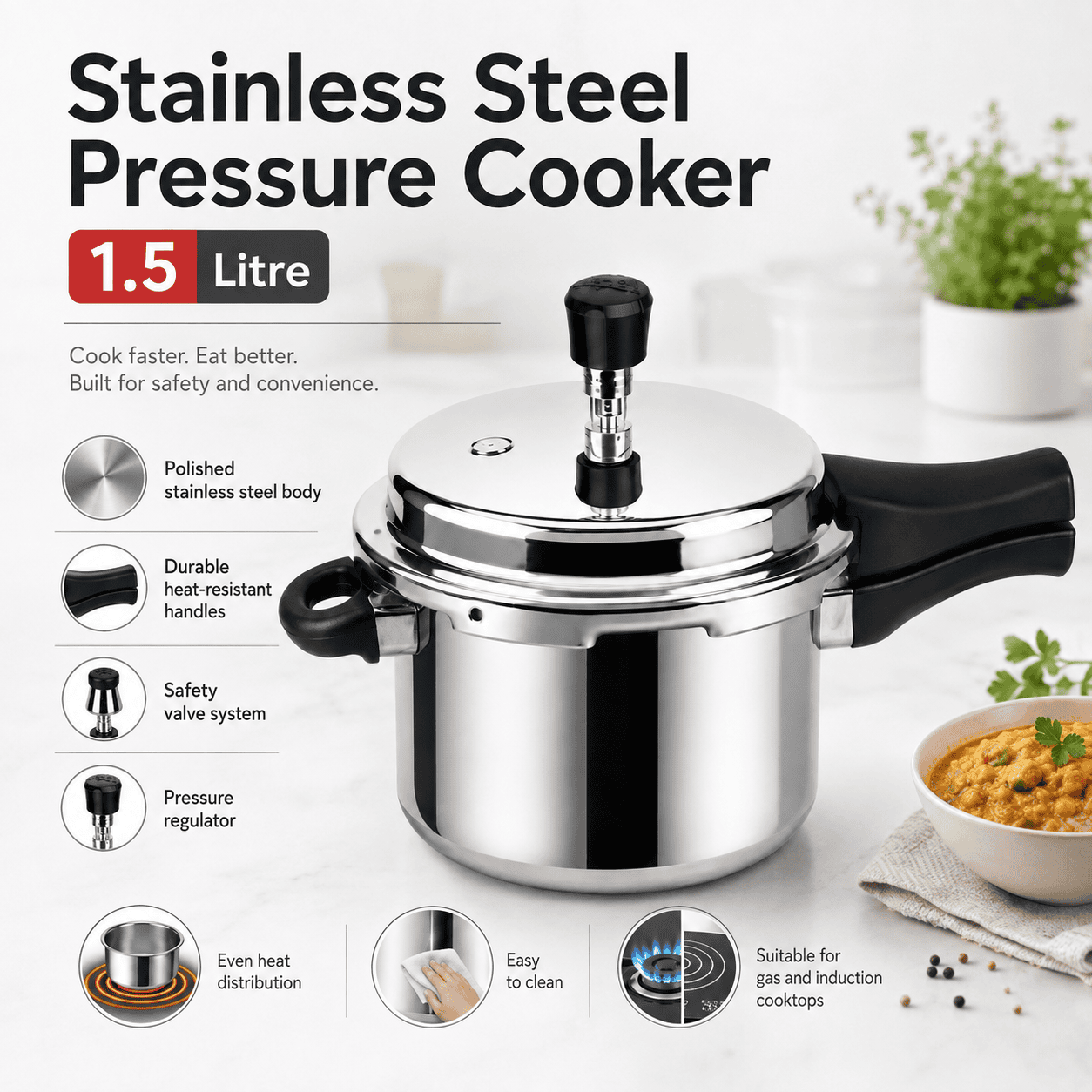 Stainless Steel Pressure Cooker 1.5L thumbnail 2