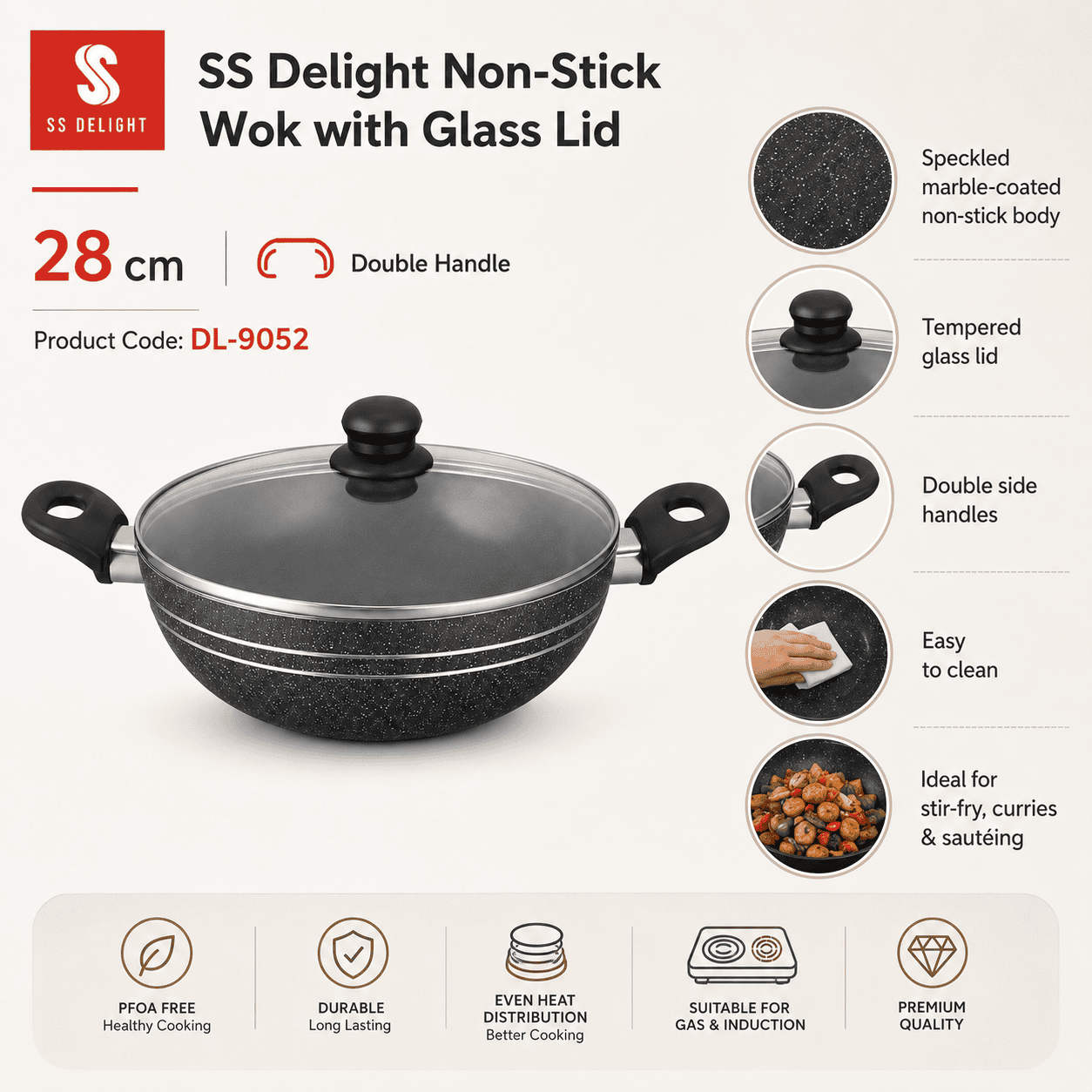 Double Handle  Non-Stick Wok with Lid 28cm thumbnail 2