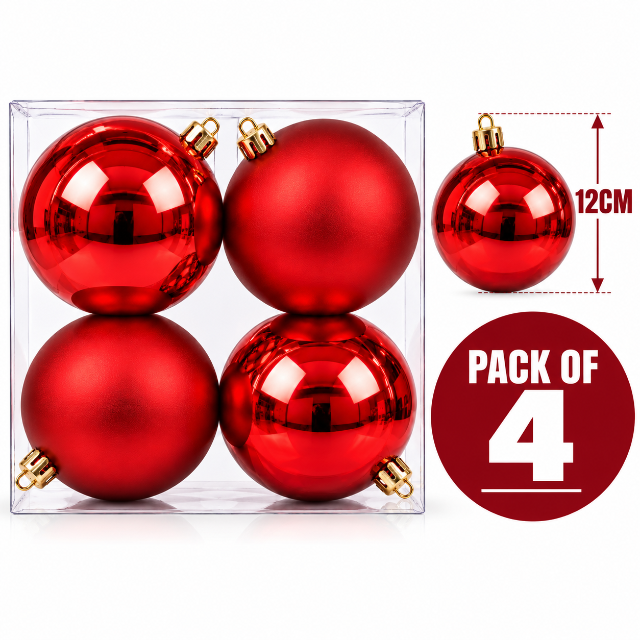 12CM CHRISTMAS DECORATION BABUBLE'S - PACK OF 4 (RED) thumbnail 2
