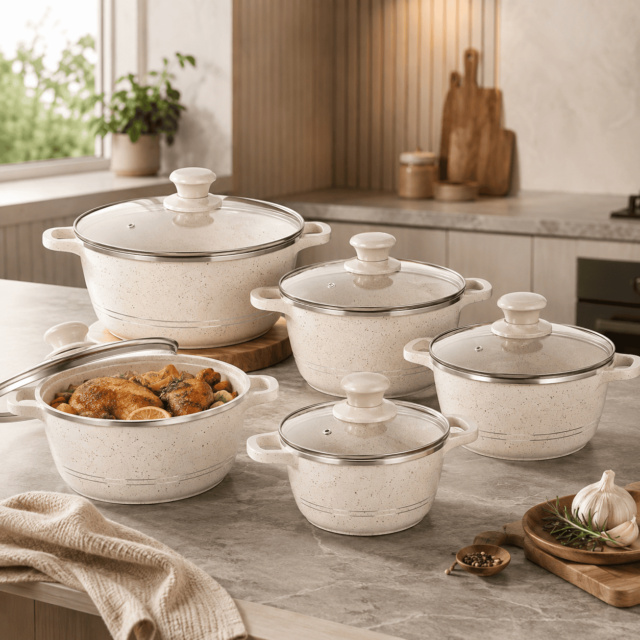 Nova 5pc Marble Diecast Stockpot Cream (20cm-24cm-28cm-30cm-32cm) thumbnail 3