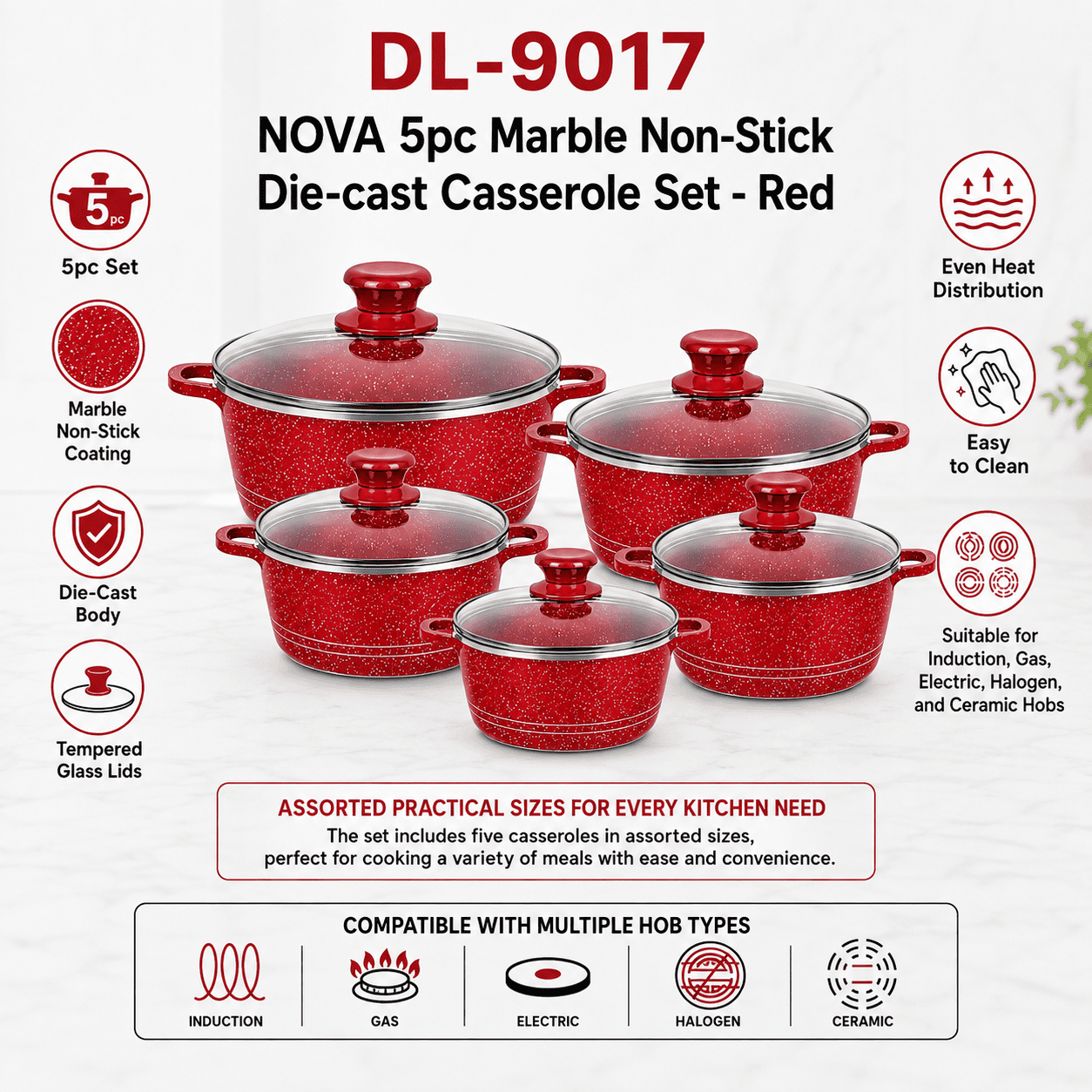 Nova 5pc Marble Diecast Stockpot Red (20cm-24cm-28cm-30cm-32cm) thumbnail 2
