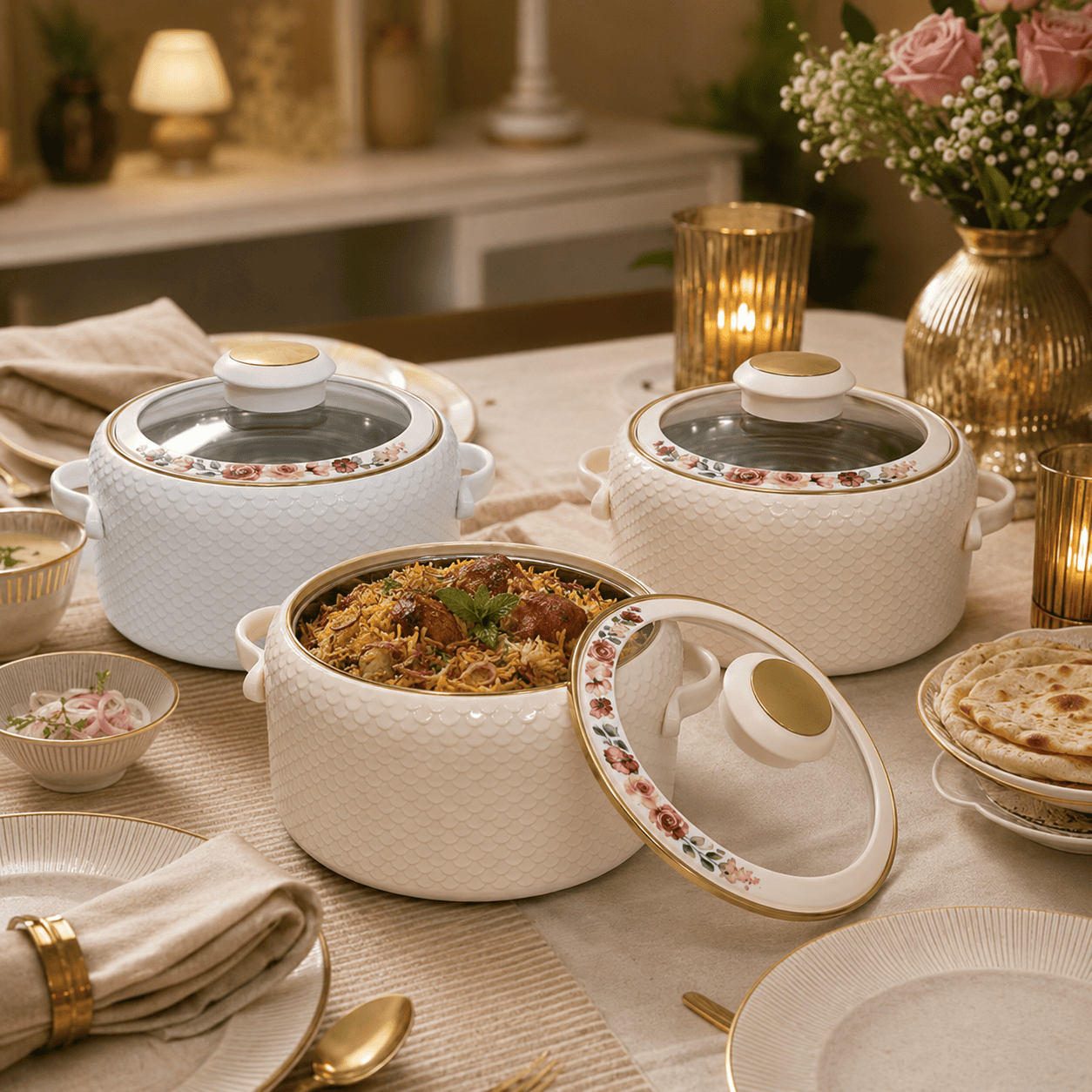 Coral 3 Pcs Hotpot Set With with Glass Lid. (1000, 1500, 2000ml) White & Cream Colour thumbnail 2