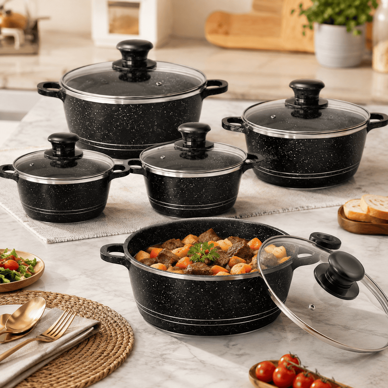 Nova 5pc Marble Diecast Stockpot Black(20cm-24cm-28cm-30cm-32cm) thumbnail 3