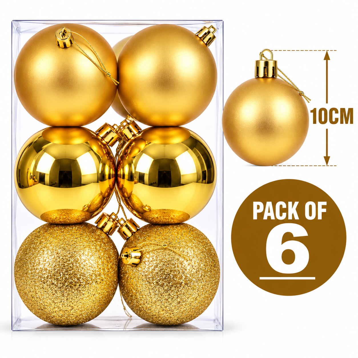10CM CHRISTMAS DECORATION BABUBLE'S - PACK OF 6 (GOLD) thumbnail 2