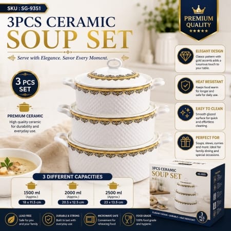3pc Ceramic Soup Pot Set (1.5L / 2L / 2.5L)