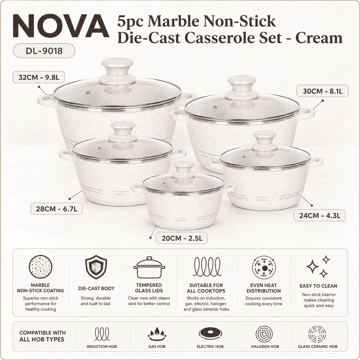 Nova 5pc Marble Diecast Stockpot Cream (20cm-24cm-28cm-30cm-32cm) thumbnail 2