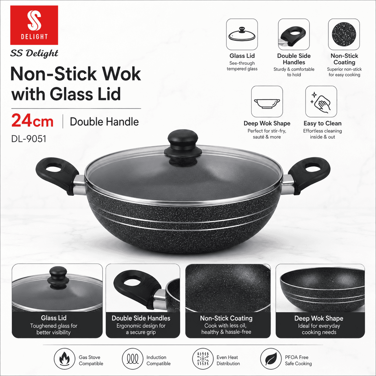 Double Handle  Non-Stick Wok with Lid 24cm thumbnail 2