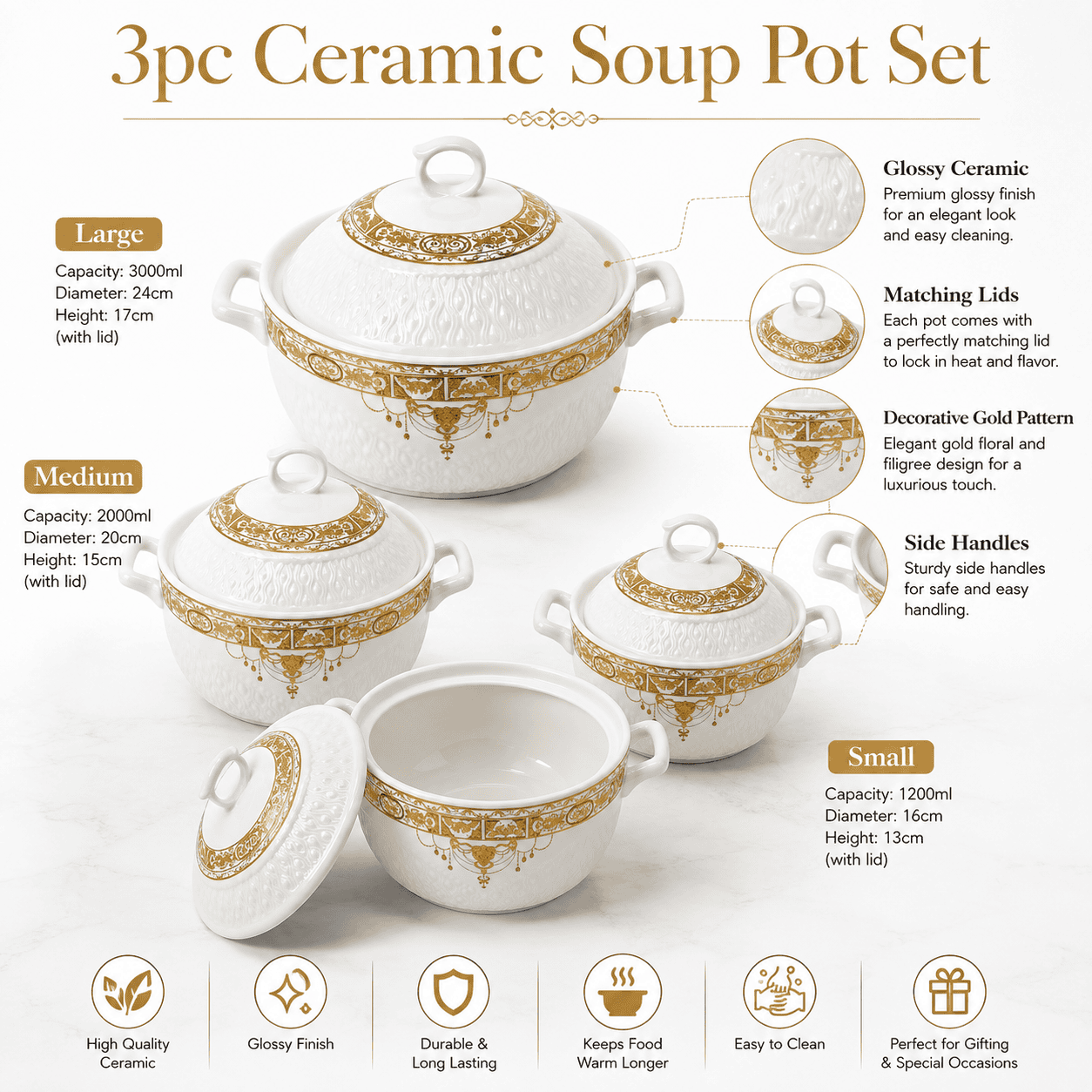 3pc Ceramic Soup Pot Set (1.5L / 2L / 2.5L) thumbnail 2