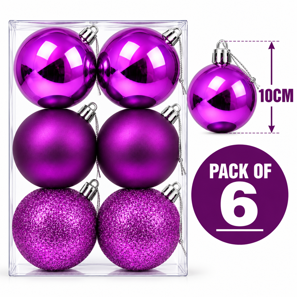 10CM CHRISTMAS DECORATION BABUBLE'S - PACK OF 6 (PURPLE) thumbnail 2