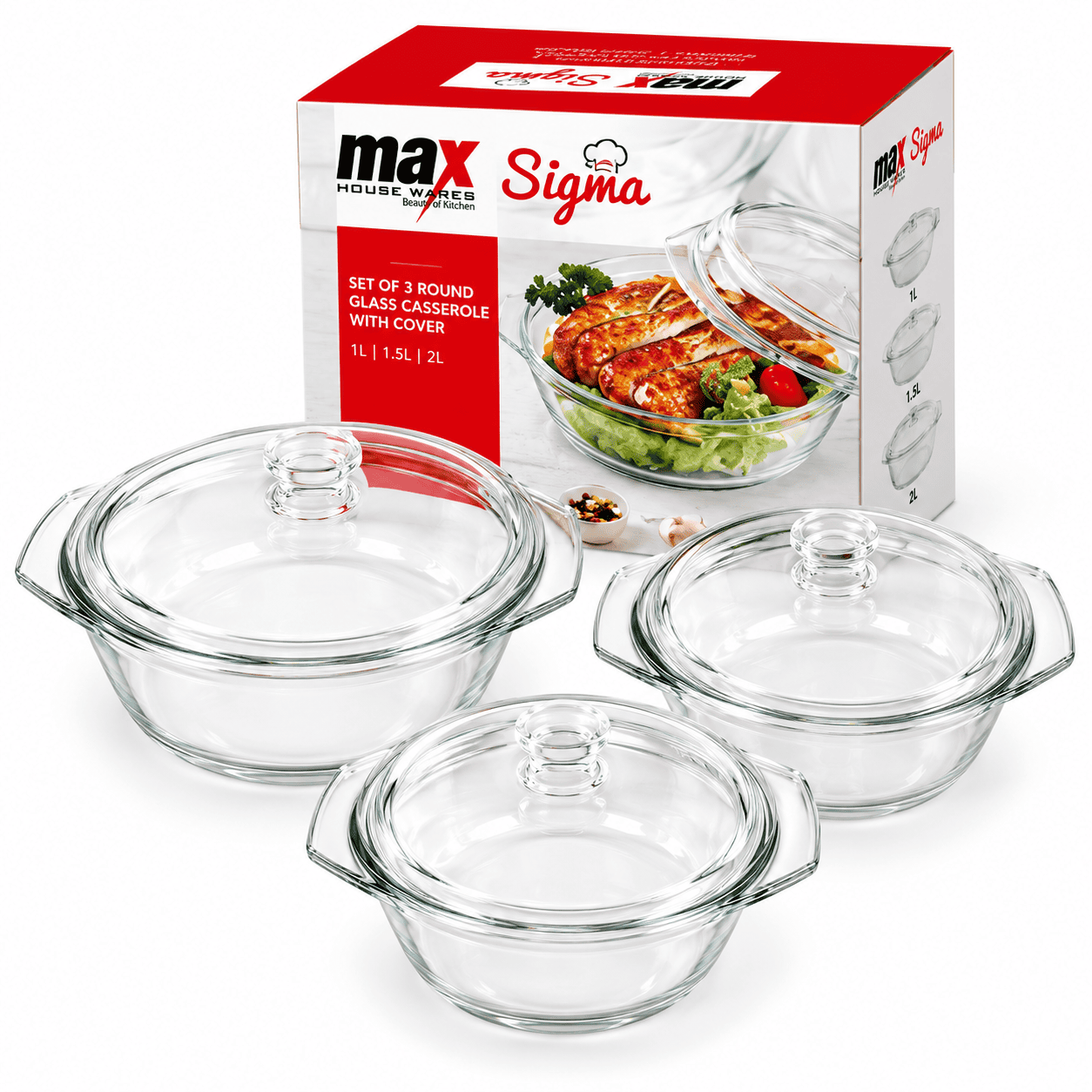3PCS ROUND CASSEROLE SET - 1.0, 1.5, 2.0L