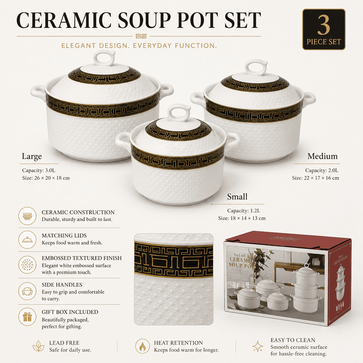 3pc Ceramic Soup Pot Set (1.5L / 2L / 2.5L) thumbnail 2