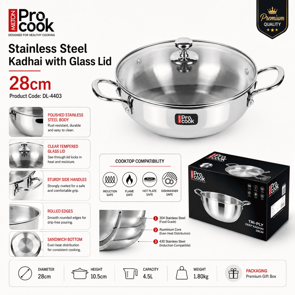 Stainless Steel Kadhai with Lid 28cm thumbnail 3