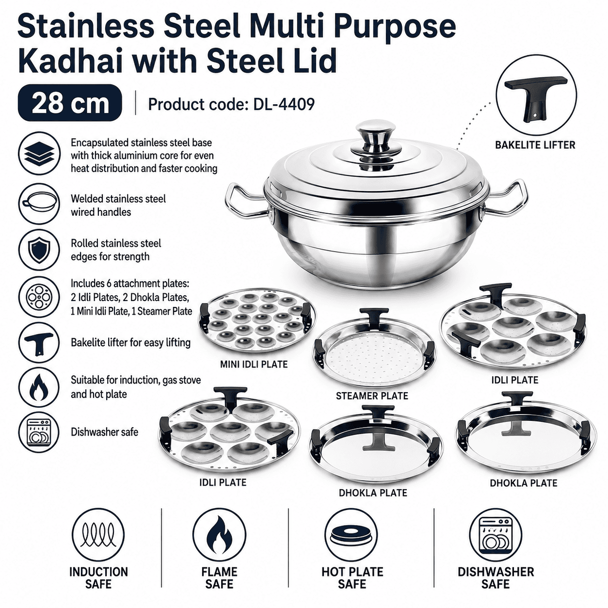 Stainless Steel Multi Purpose Kadhai with steel Lid - 28cm thumbnail 2