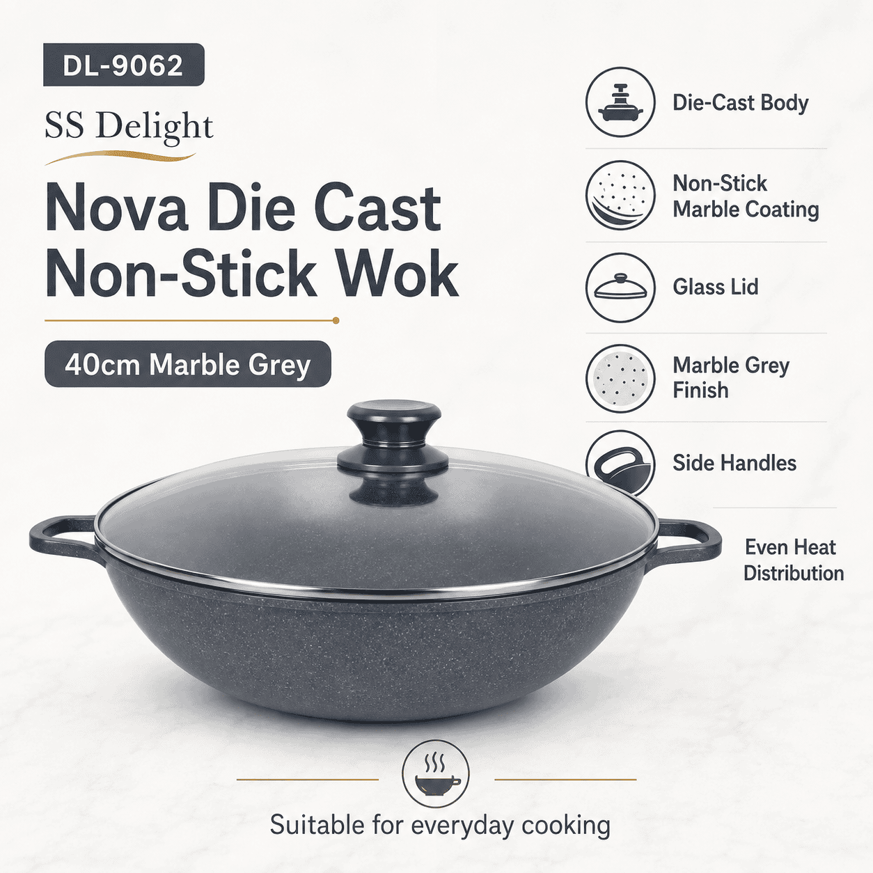 Nova Diecast Non-Stick Wok Grey  40cm thumbnail 2