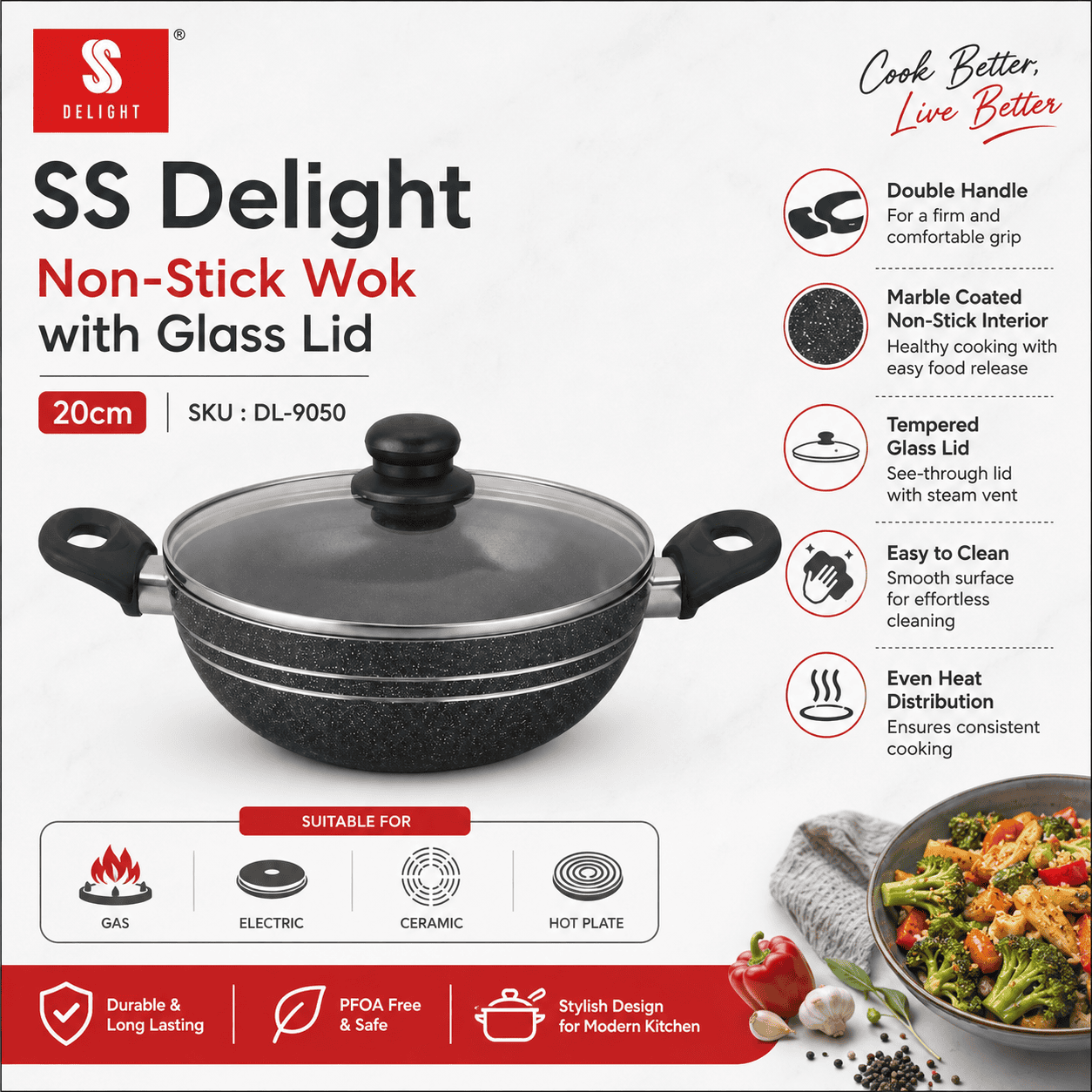 Double Handle  Non-Stick Wok with Lid 20cm thumbnail 2