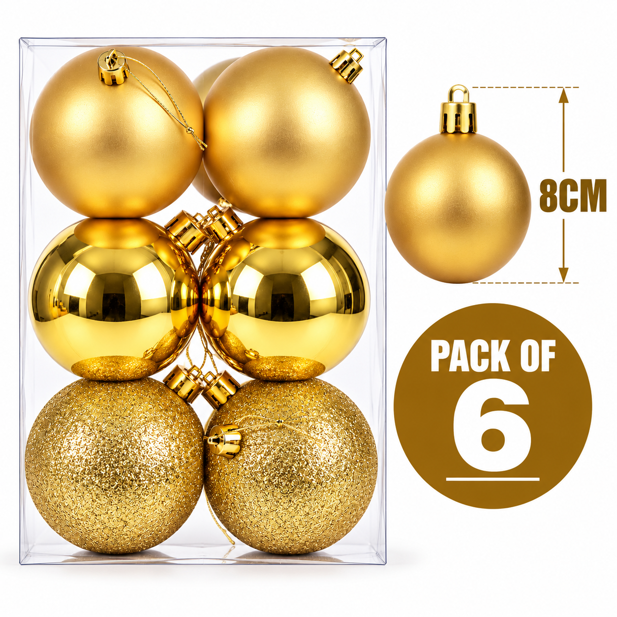 8CM CHRISTMAS DECORATION BABUBLE'S - PACK OF 6 (GOLD) thumbnail 2