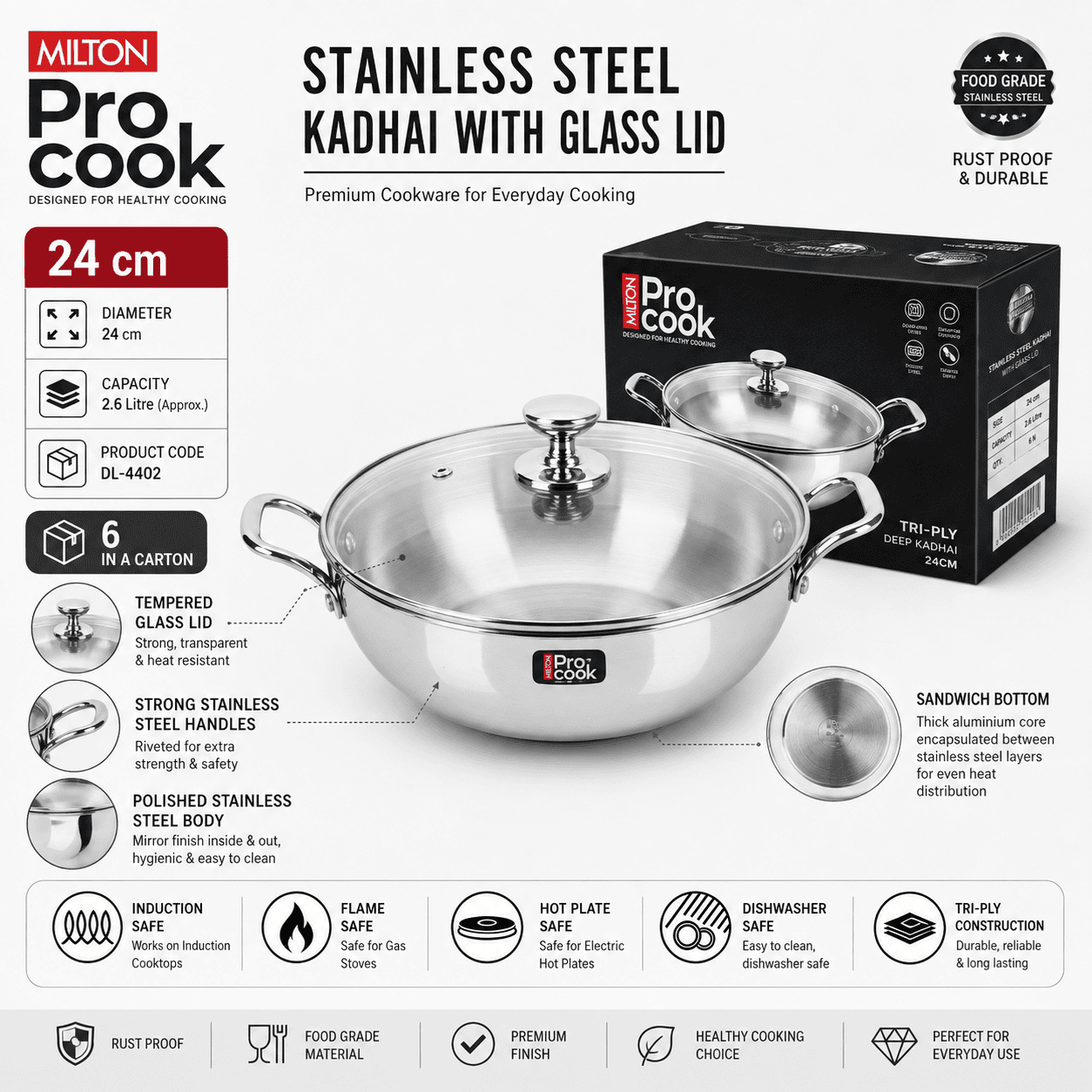 Stainless Steel Kadhai with Lid 24cm thumbnail 3