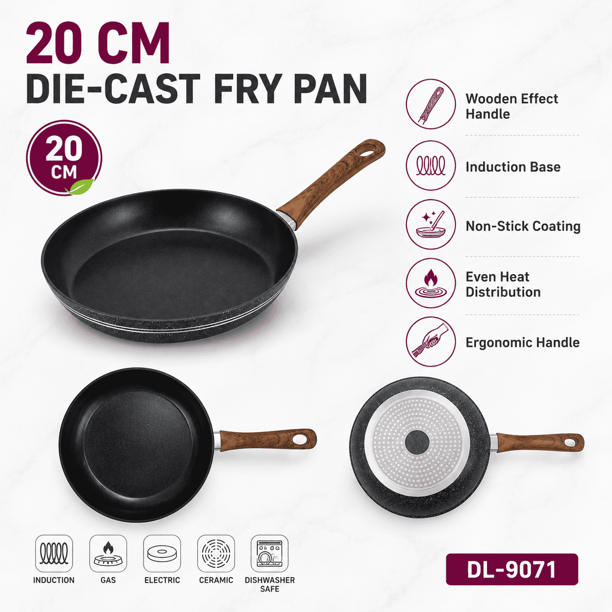 Die-cast Frying pan 20cm Wooden Effect Handle thumbnail 2