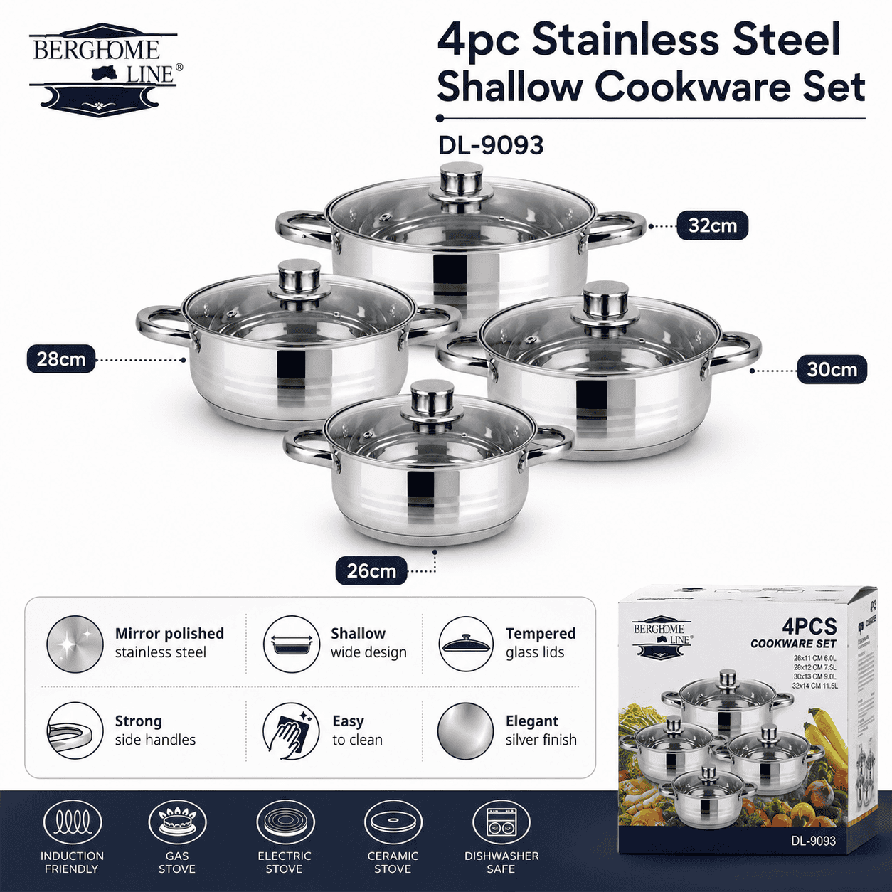 4pc Stainless Steel Stockpot Pot (24-26-28-30cm) thumbnail 2