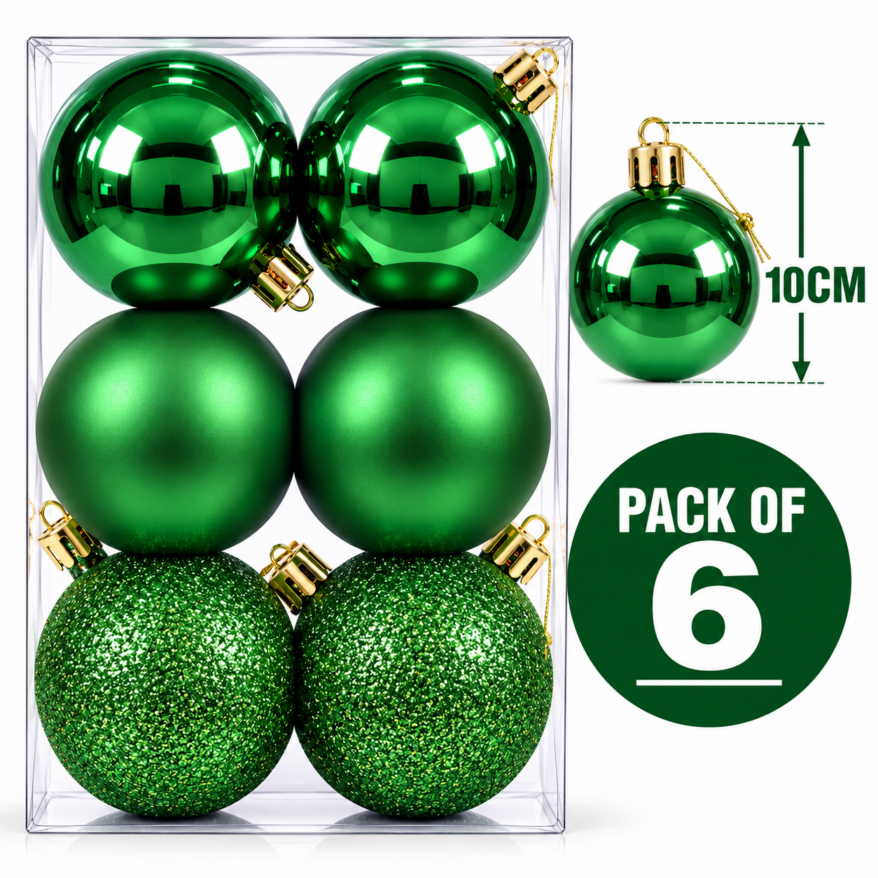 10CM CHRISTMAS DECORATION BABUBLE'S - PACK OF 6 (GREEN) thumbnail 2