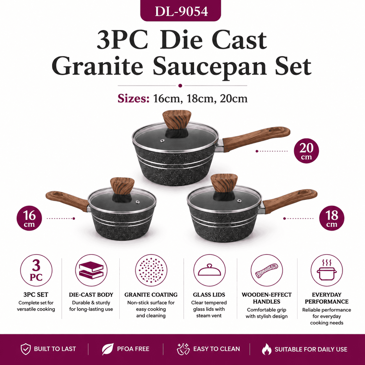 3pc Granit Non-Stick Saucepan Set 
(16cm-18cm-20cm) thumbnail 2